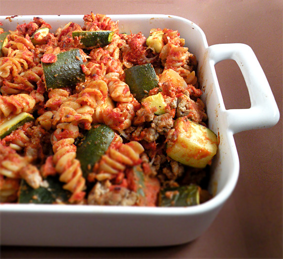 Zucchini Pasta Bake With A Roasted Red Pepper Sauce