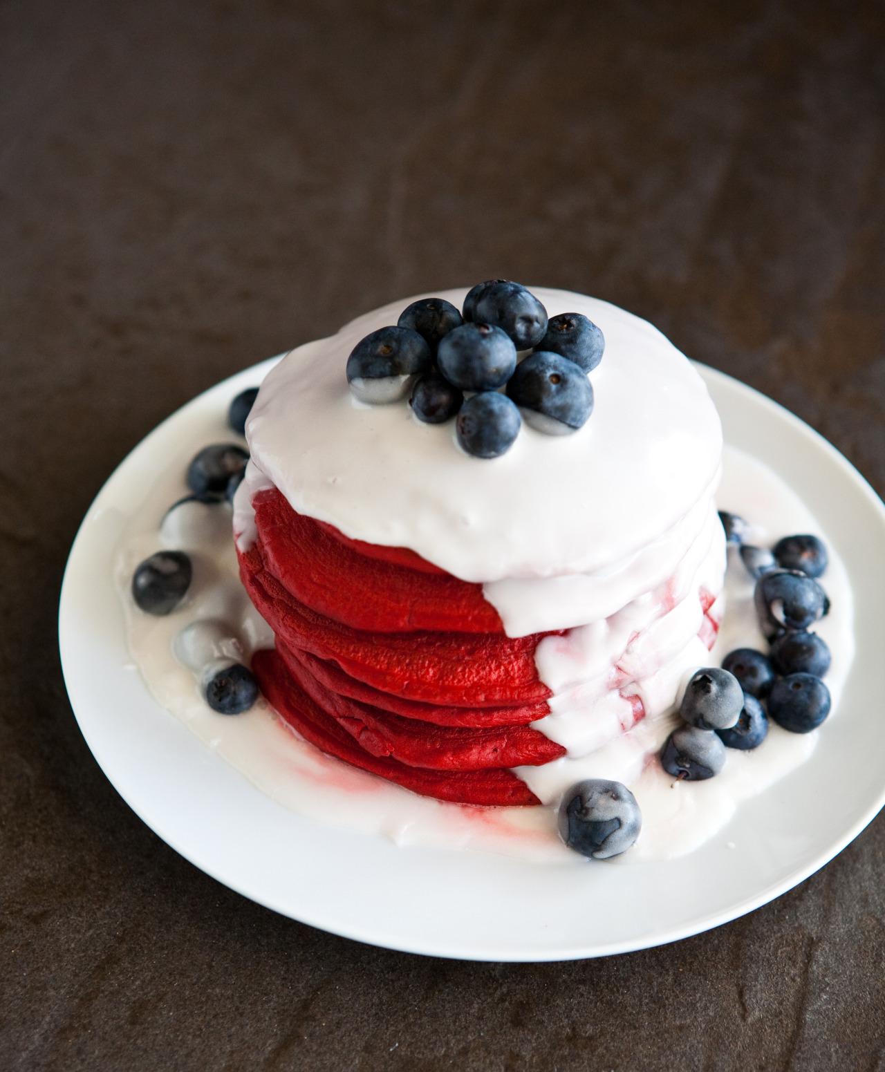 Red Velvet Pancakes with Coconut Syrup & Blueberries