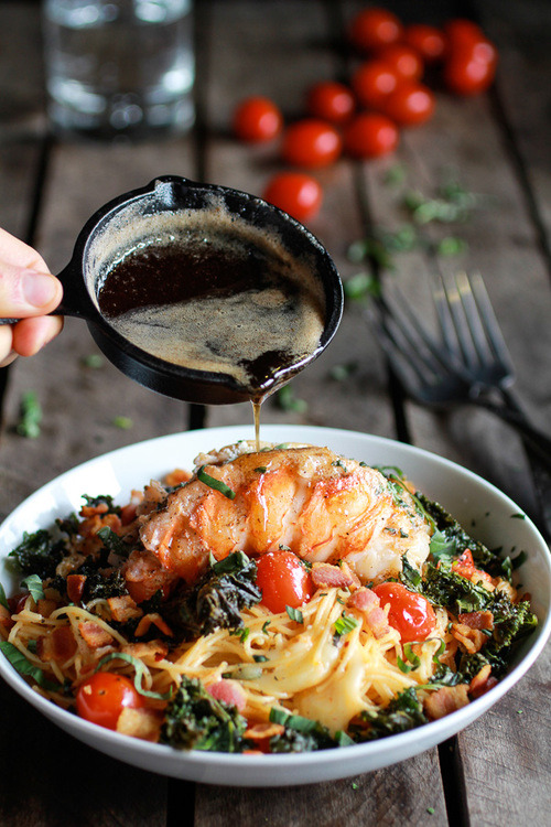 Brown Butter Lobster, Bacon + Crispy Kale and Fontina Pasta