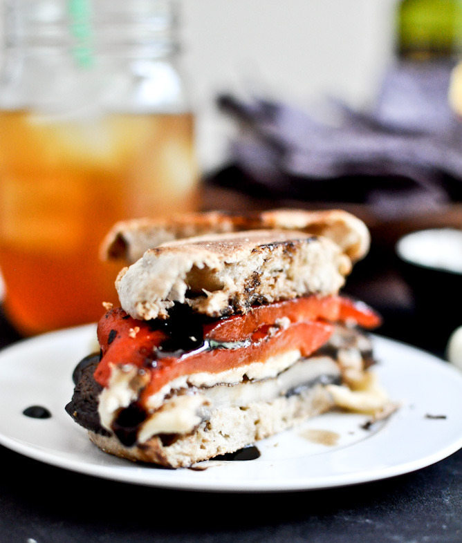 asiago portobello burgers with roasted red peppers + balsamic glaze