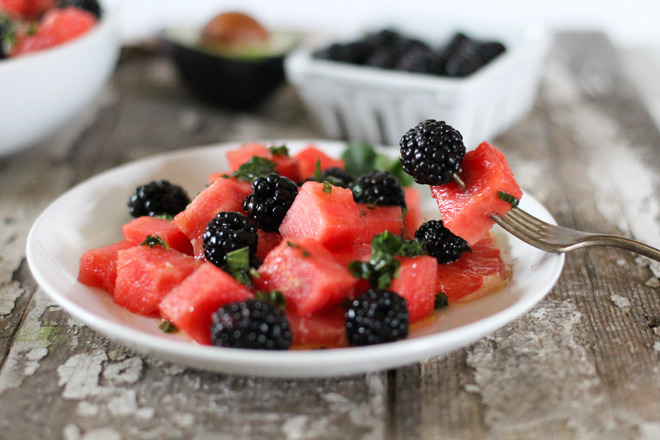 Watermelon Grapefruit & Blackberry Salad with Honey Mint Drizzle