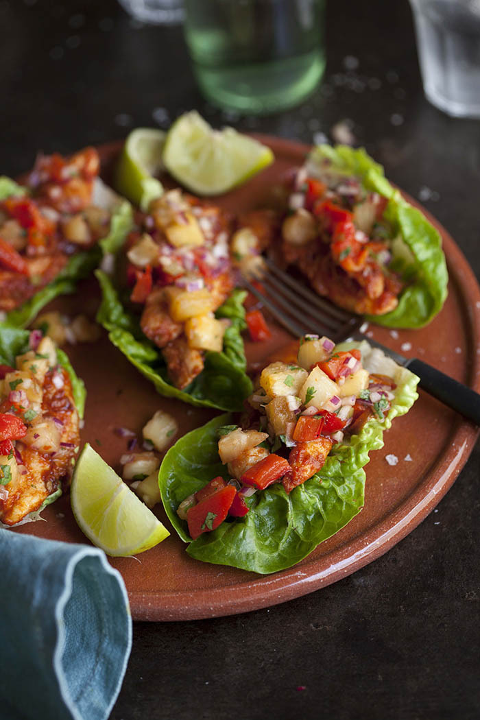 Lettuce Tacos with Chipotle Chicken and Grilled Pineapple Salsa