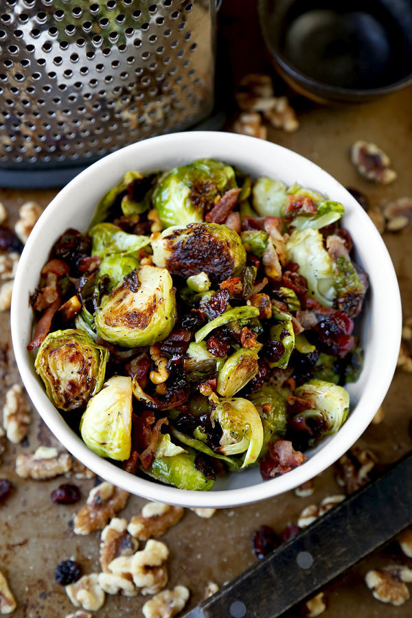 OVEN ROASTED BRUSSELS SPROUTS WITH BACON, CRANBERRIES AND WALNUTS
