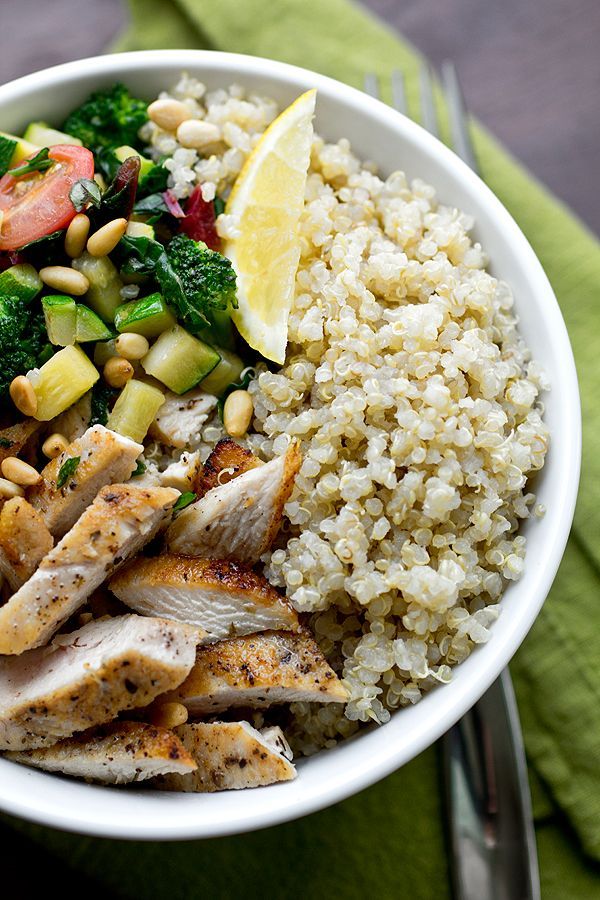 Chicken & Toasted Quinoa Bowls with Garlic-Sauteed Veggies and Pine Nuts The Cozy Apron